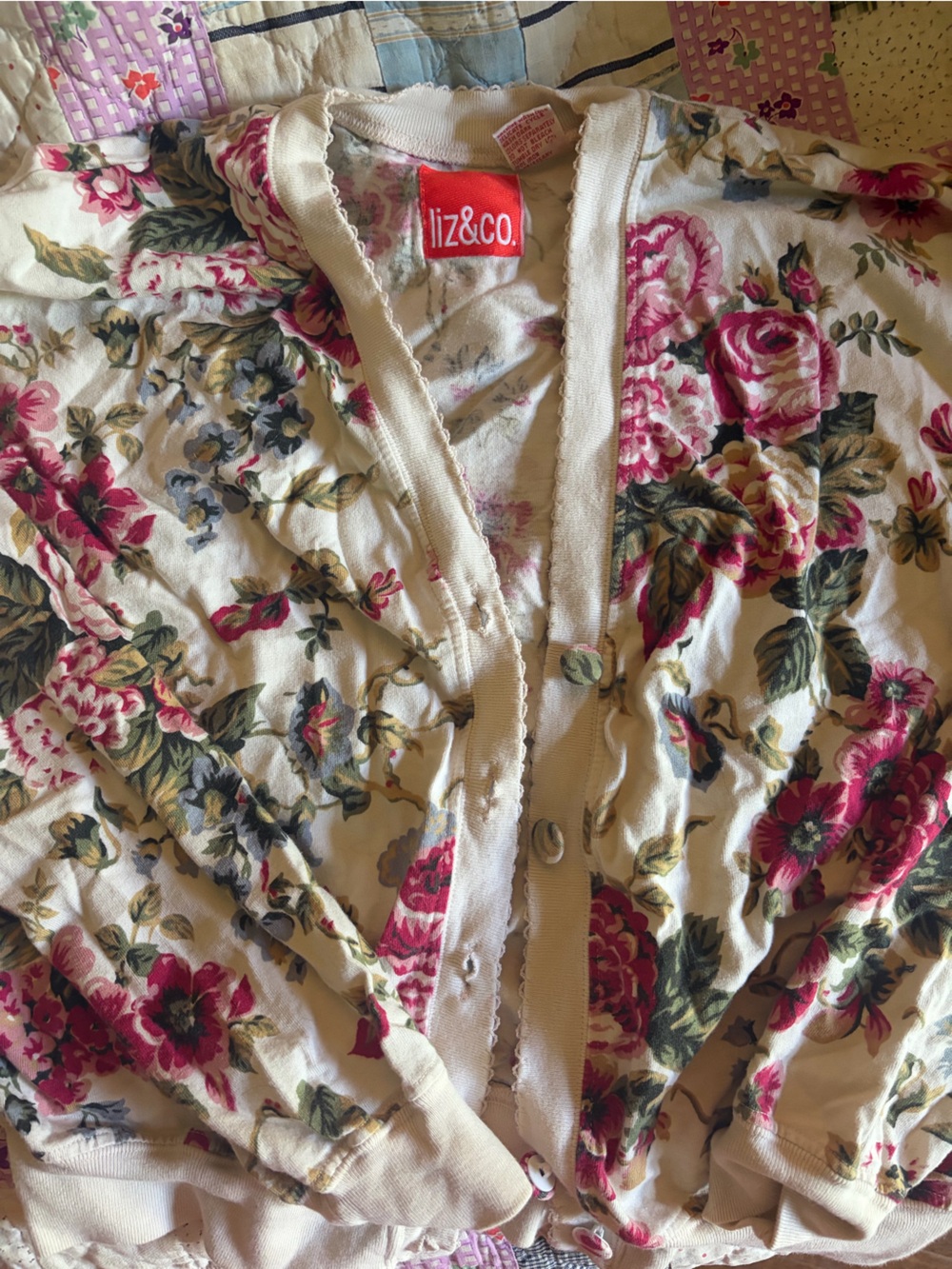 Vintage 100% cotton liz & co. Cream Floral long sleeve cardigan